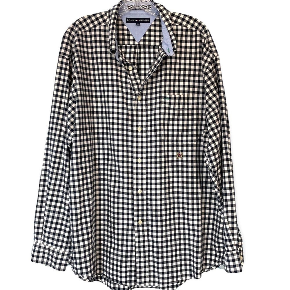 Tommy Hilfiger Navy Blue & White Check Long Sleeve Button Down Shirt Cotton XL
